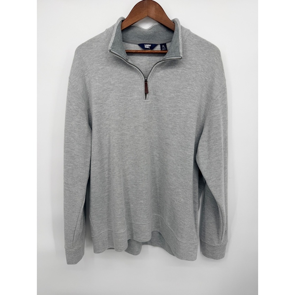 Lands End Quarter Zip Pullover Mens XL Grey Excellent Mock Neck Cotton Blend
